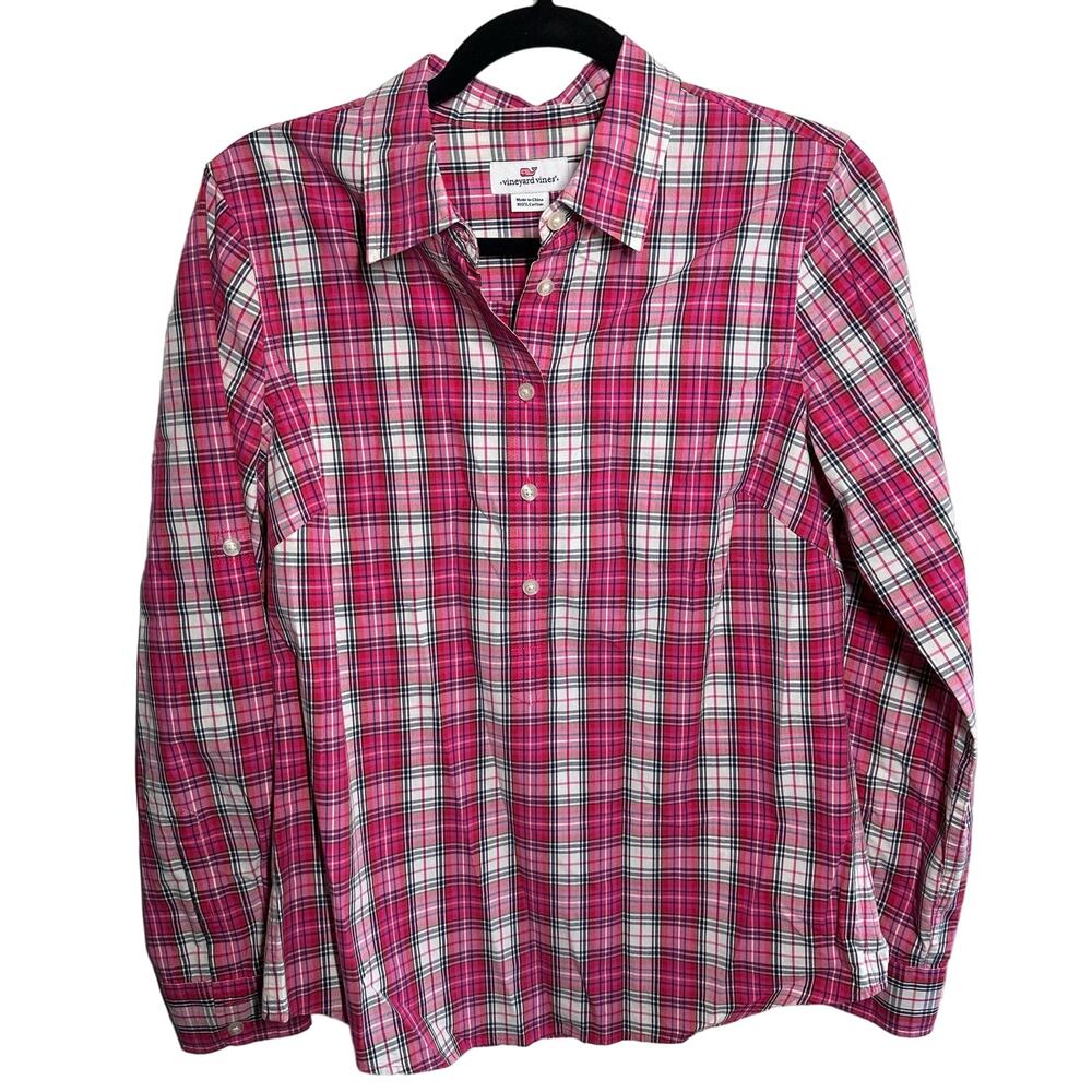 Vineyard Vines Women's Pink Plaid Quarter Button Collared Popover Top Size 6